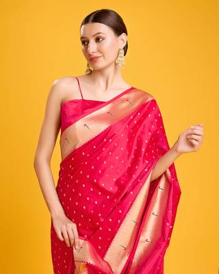 Paithani silk blend saree in bright pink color with gold weaves zari work 5