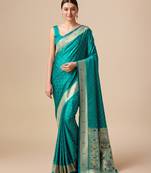 Women'S Opulent Paithani Silk Blend Saree In Regal Turquoise Color With Gold Weaves Delicate Zari Work