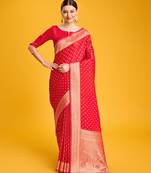 Women'S Red Color Banarasi Satin silk Blend Saree Rich Brocade Embellishments Zari Woven Work