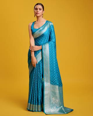 Cyan color Banarasi silk blend zari woven work saree 1