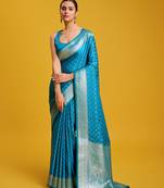 women's cyan color Banarasi silk blend saree zari woven work enhanced elegance