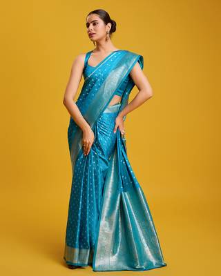 Cyan color Banarasi silk blend zari woven work saree 2