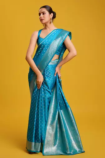 Cyan color Banarasi silk blend zari woven work saree