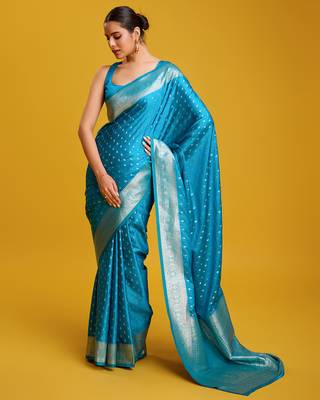 Cyan color Banarasi silk blend zari woven work saree 3