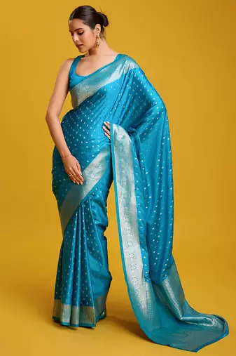 Cyan color Banarasi silk blend zari woven work saree