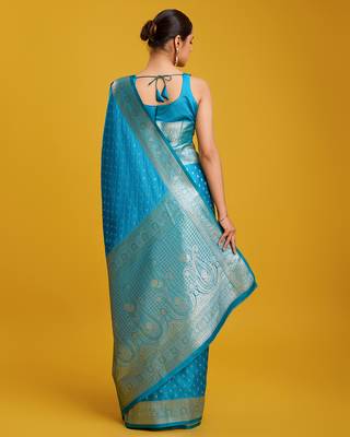 Cyan color Banarasi silk blend zari woven work saree 4