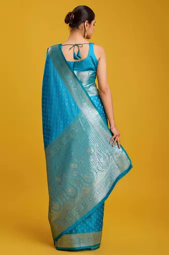 Cyan color Banarasi silk blend zari woven work saree