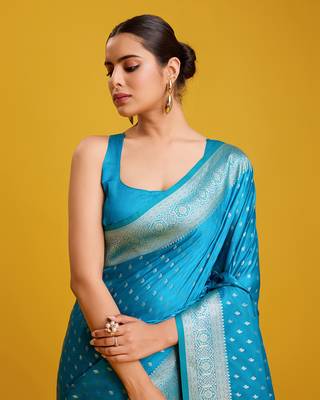 Cyan color Banarasi silk blend zari woven work saree 5