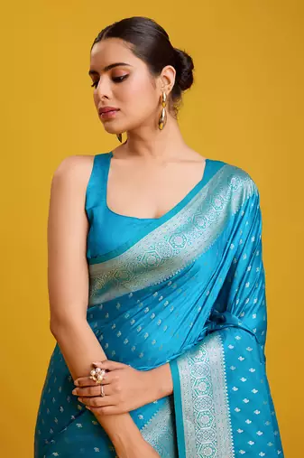 Cyan color Banarasi silk blend zari woven work saree