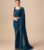 Women'S Georgette Organza Saree In Dark Teal Color With Pearl Embellishments Swarovski Stone Work