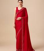 Monjolika fashion women's satin silk saree in red color with pearl embellishments swarovski stone work