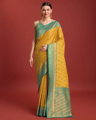 Mustard Color Zari Woven Faux Banarasi Tissue silk blend Saree 1