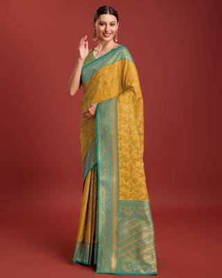 Mustard Color Zari Woven Faux Banarasi Tissue silk blend Saree 2