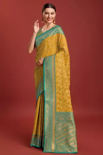 Mustard Color Zari Woven Faux Banarasi Tissue silk blend Saree
