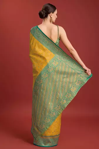 Mustard Color Zari Woven Faux Banarasi Tissue silk blend Saree