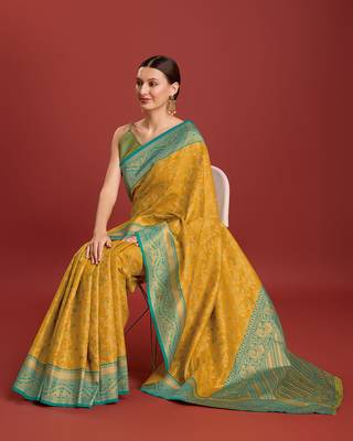 Mustard Color Zari Woven Faux Banarasi Tissue silk blend Saree 4