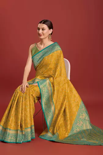 Mustard Color Zari Woven Faux Banarasi Tissue silk blend Saree