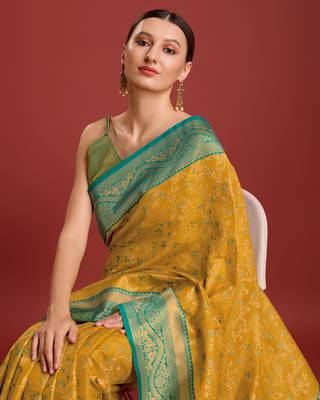 Mustard Color Zari Woven Faux Banarasi Tissue silk blend Saree 5