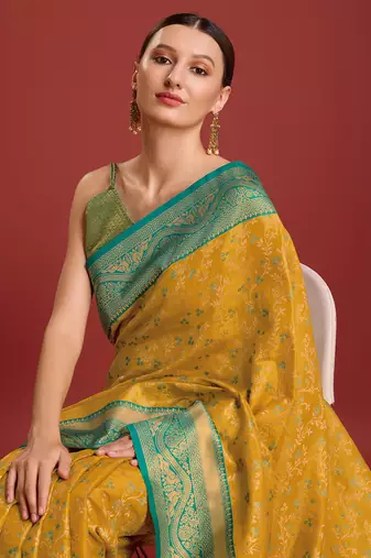 Mustard Color Zari Woven Faux Banarasi Tissue silk blend Saree