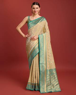 Beige Color Zari Woven Faux Banarasi Tissue Silk Saree 1