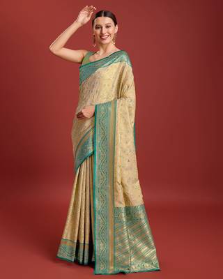 Beige Color Zari Woven Faux Banarasi Tissue Silk Saree 2