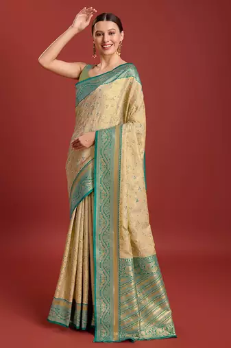 Beige Color Zari Woven Faux Banarasi Tissue Silk Saree