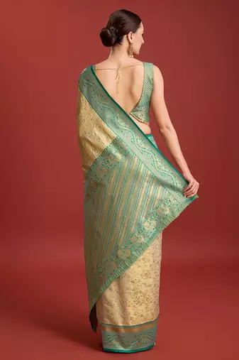 Beige Color Zari Woven Faux Banarasi Tissue Silk Saree