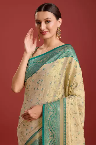 Beige Color Zari Woven Faux Banarasi Tissue Silk Saree