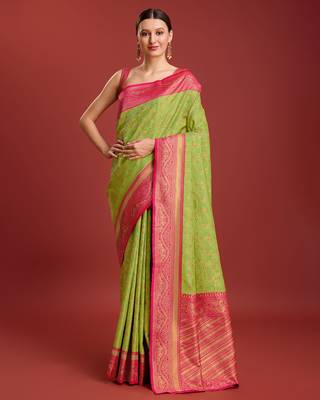 Parrot Green Color Zari Woven Faux Banarasi Tissue silk blend Saree 1