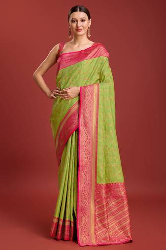 Monjolika Fashion Women'S Glamour And Tradition With This Parrot Green Color Zari Woven Faux Banarasi Tissue Silk Saree