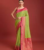 Parrot Green Color Zari Woven Faux Banarasi Tissue Silk Saree