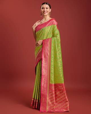 Parrot Green Color Zari Woven Faux Banarasi Tissue silk blend Saree 2