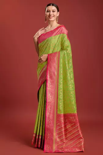 Parrot Green Color Zari Woven Faux Banarasi Tissue silk blend Saree