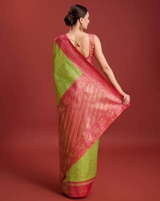 Parrot Green Color Zari Woven Faux Banarasi Tissue silk blend Saree 3