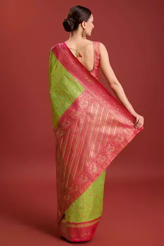 Parrot Green Color Zari Woven Faux Banarasi Tissue silk blend Saree