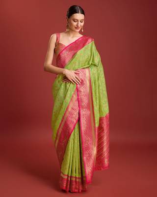 Parrot Green Color Zari Woven Faux Banarasi Tissue silk blend Saree 4