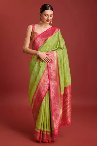 Parrot Green Color Zari Woven Faux Banarasi Tissue silk blend Saree