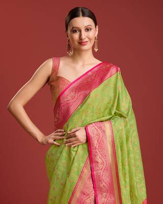 Parrot Green Color Zari Woven Faux Banarasi Tissue silk blend Saree 5