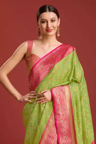 Parrot Green Color Zari Woven Faux Banarasi Tissue silk blend Saree