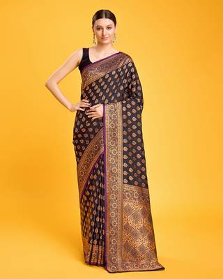 Dark Purple Color Banarasi Satin silk blend zari weaving work Saree 1