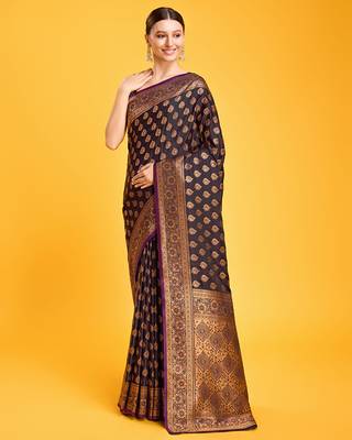 Dark Purple Color Banarasi Satin silk blend zari weaving work Saree 2
