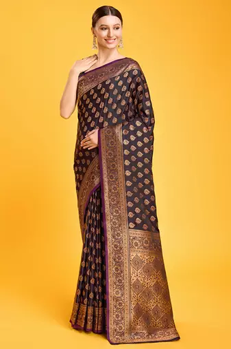 Dark Purple Color Banarasi Satin silk blend zari weaving work Saree