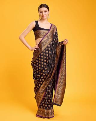 Dark Purple Color Banarasi Satin silk blend zari weaving work Saree 4