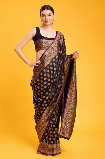 Dark Purple Color Banarasi Satin silk blend zari weaving work Saree