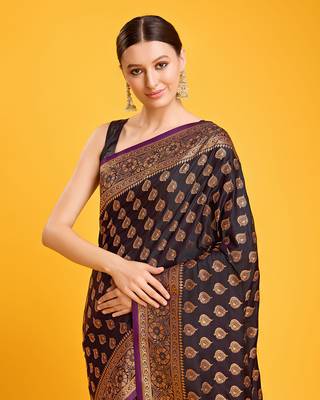 Dark Purple Color Banarasi Satin silk blend zari weaving work Saree 5