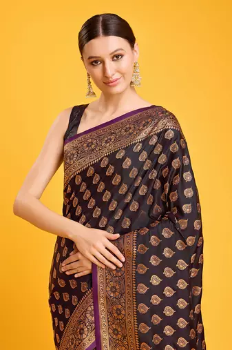 Dark Purple Color Banarasi Satin silk blend zari weaving work Saree