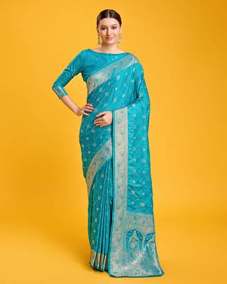 Cyan Color Banarasi Satin silk blend  Zari Woven Work Saree 1