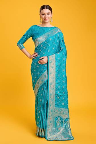 Cyan Color Banarasi Satin silk Saree Zari Woven Work Enhanced Elegance