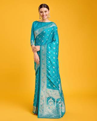 Cyan Color Banarasi Satin silk blend  Zari Woven Work Saree 2