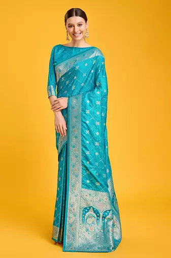 Cyan Color Banarasi Satin silk blend  Zari Woven Work Saree